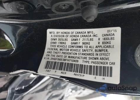 2015 Honda Civic Si from USA, damaged, VIN 2HGFB6E58FH710409